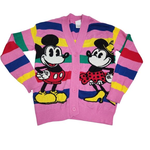 Disney 100 Mickey & Minnie Mouse Striped Pink Cardigan Sweater M 4071 - Picture 1 of 8